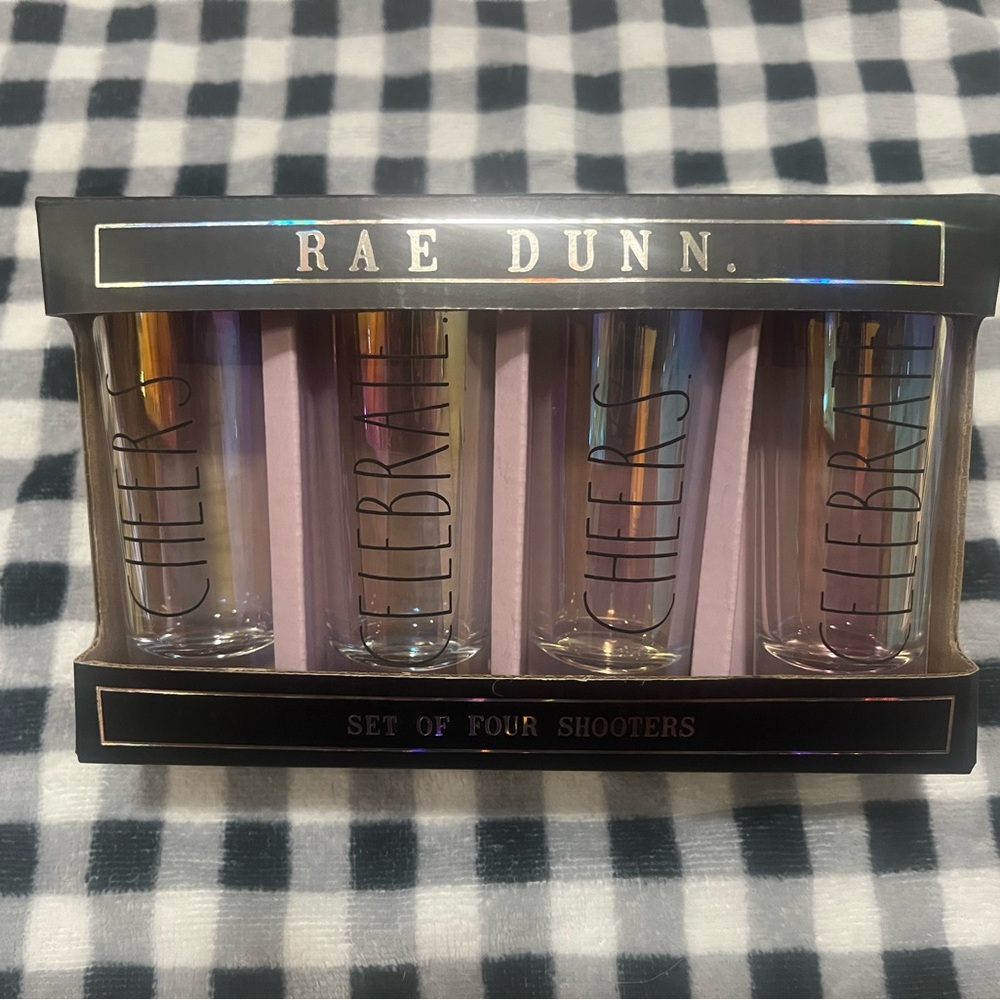 Rae Dunn iridescent shooters pack of four. 2x cheers. 2x celebrate.